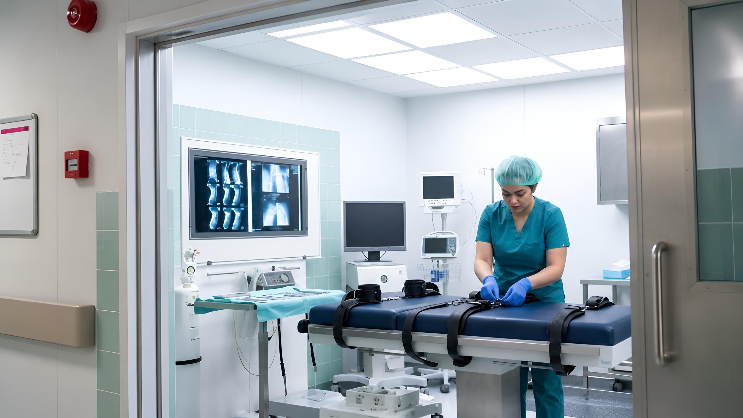 Anesthesia fet roleplay mask and clinical restraint at Amara BDSM clinic