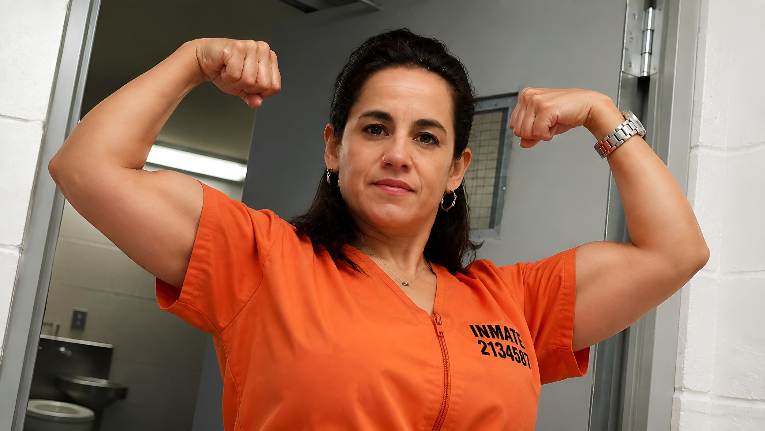 Mistress Alexia prison uniform criminal inmate lifting weights to survive