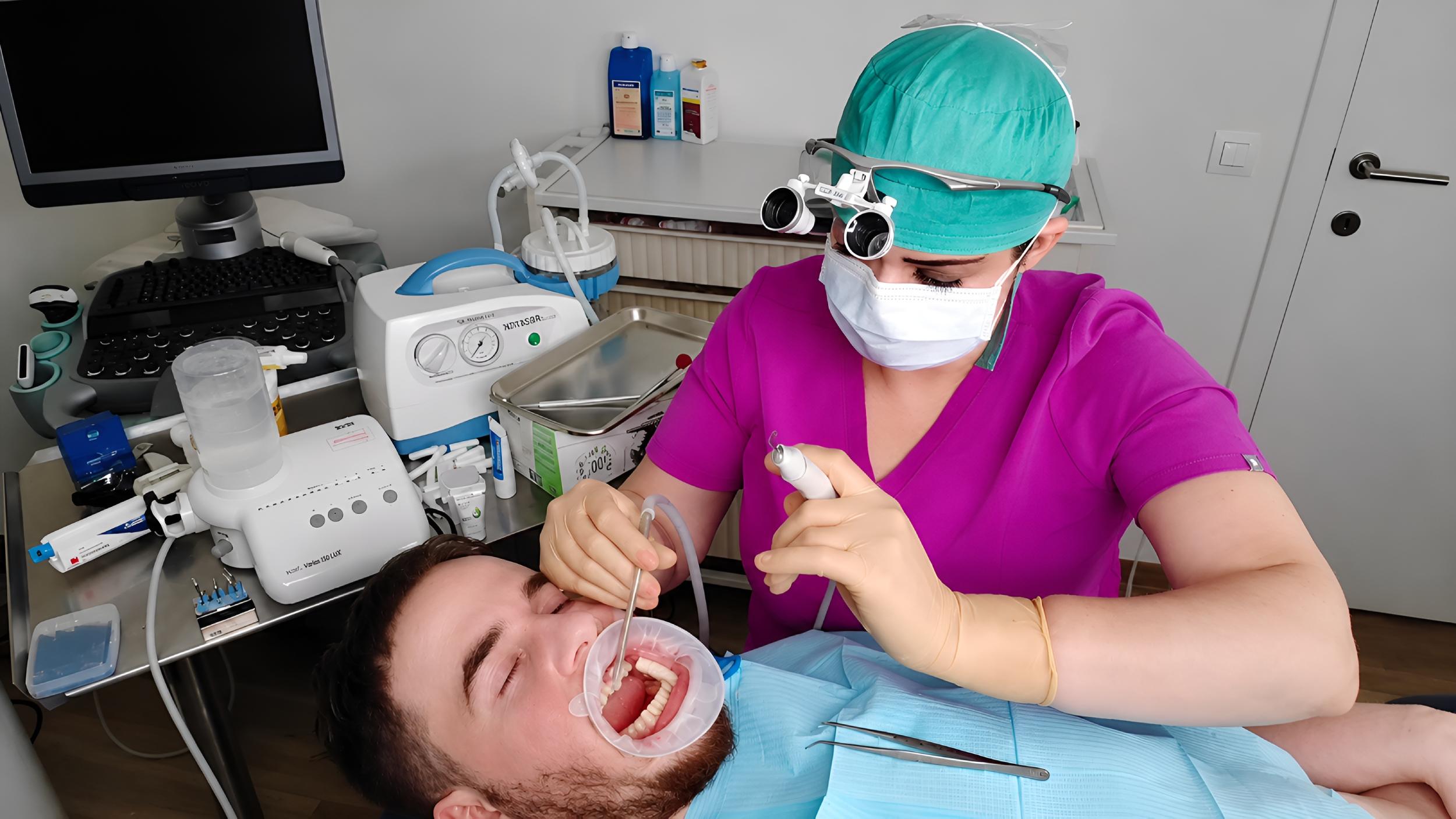 Clinical dental cleaning session under Mistress Katharina's medical BDSM supervision